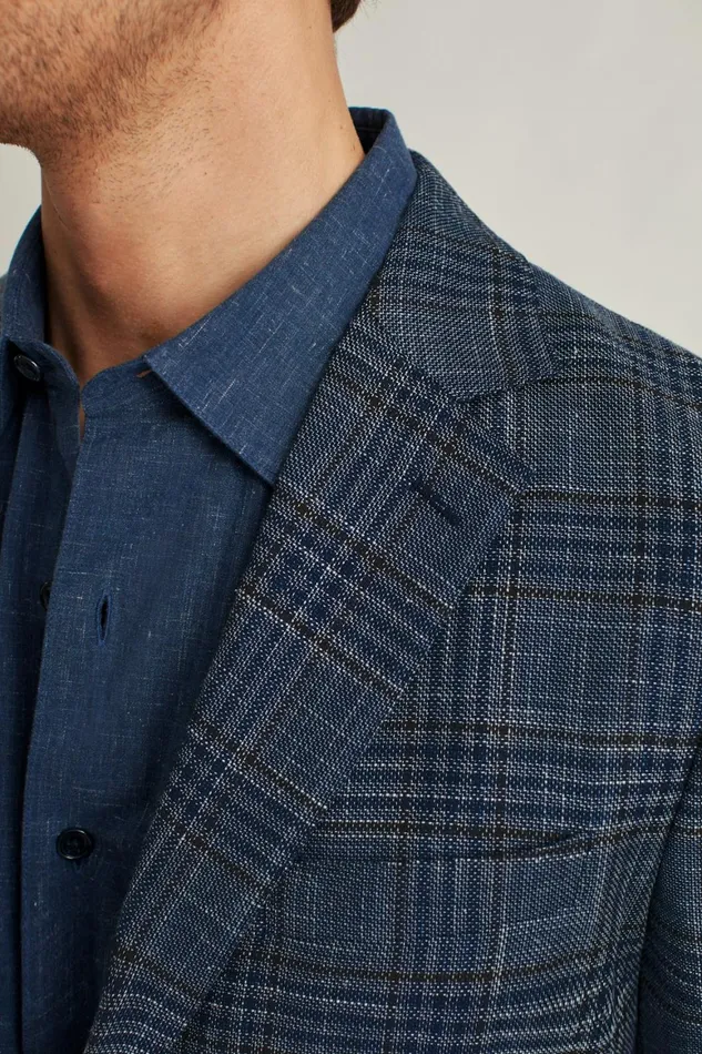 Men Unconstructed Italian Linen Blazer Navy Plaid Bonobos Blazers and Sport Coats