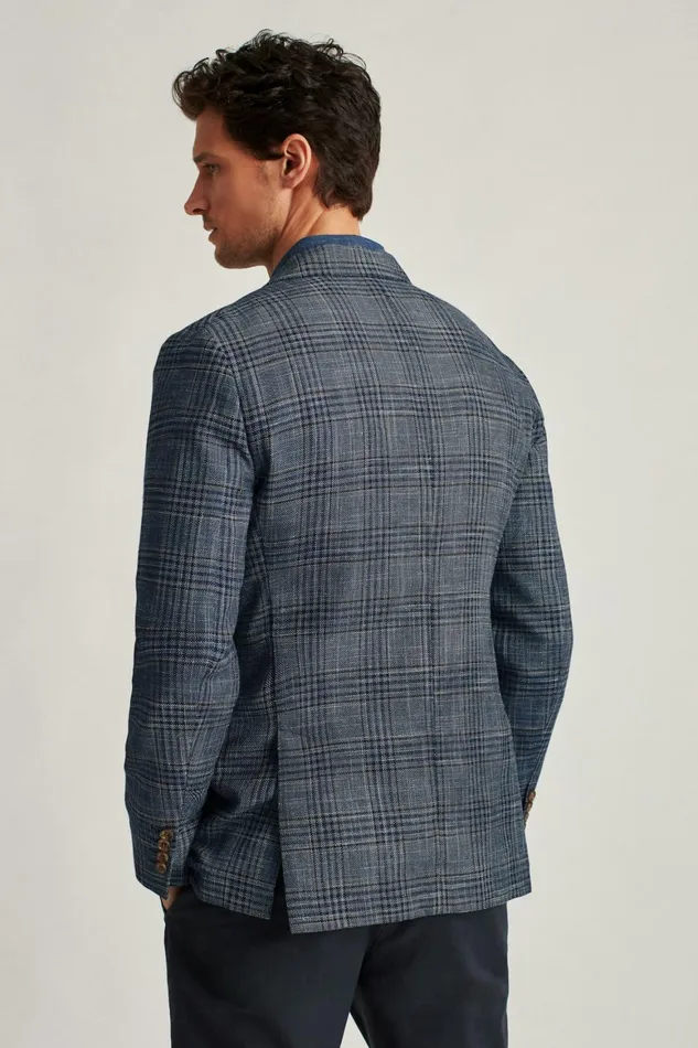 Men Unconstructed Italian Linen Blazer Navy Plaid Bonobos Blazers and Sport Coats