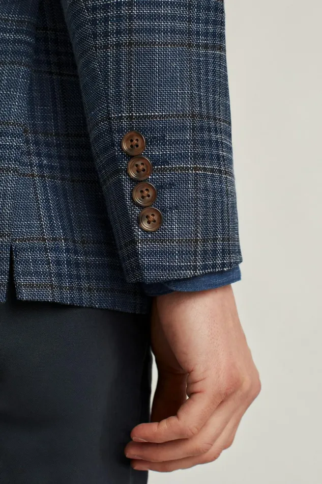 Men Unconstructed Italian Linen Blazer Navy Plaid Bonobos Blazers and Sport Coats
