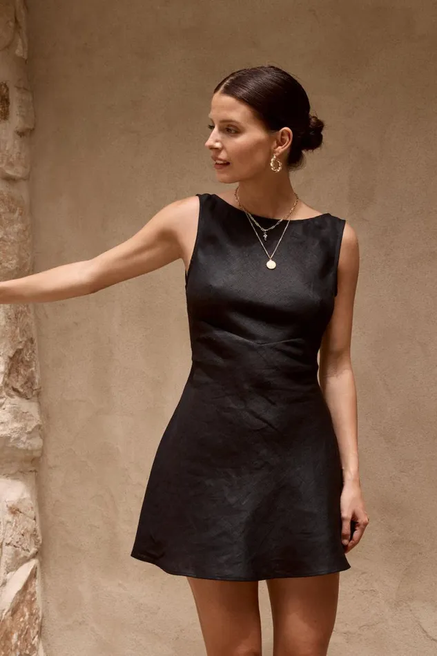 Mini Dresses Women VRG GRL Art Of Bloom Linen Bias Cut Mini Dress Black
