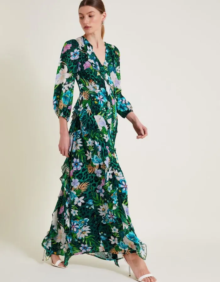 Monsoon Ani Floral Ruffle Dress Green Women Occasionwear