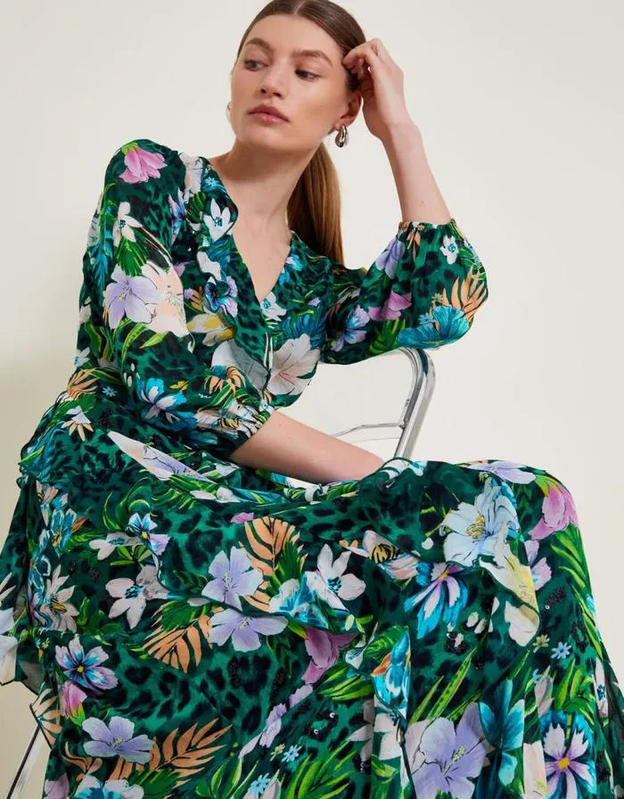 Monsoon Ani Floral Ruffle Dress Green Women Occasionwear Monsoon Ani Floral Ruffle Dress Green Women Occasionwear