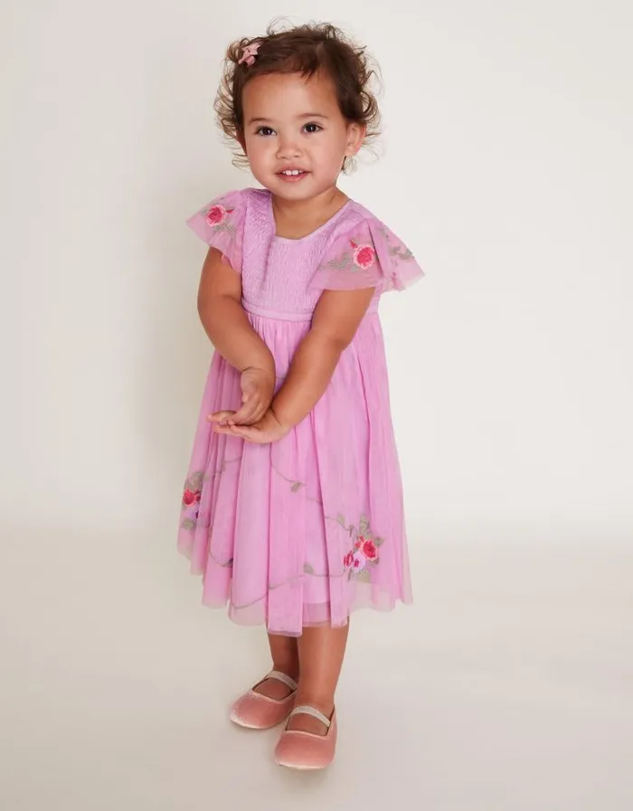 Monsoon Baby April Shirred Embroidered Dress Pink Children Dresses