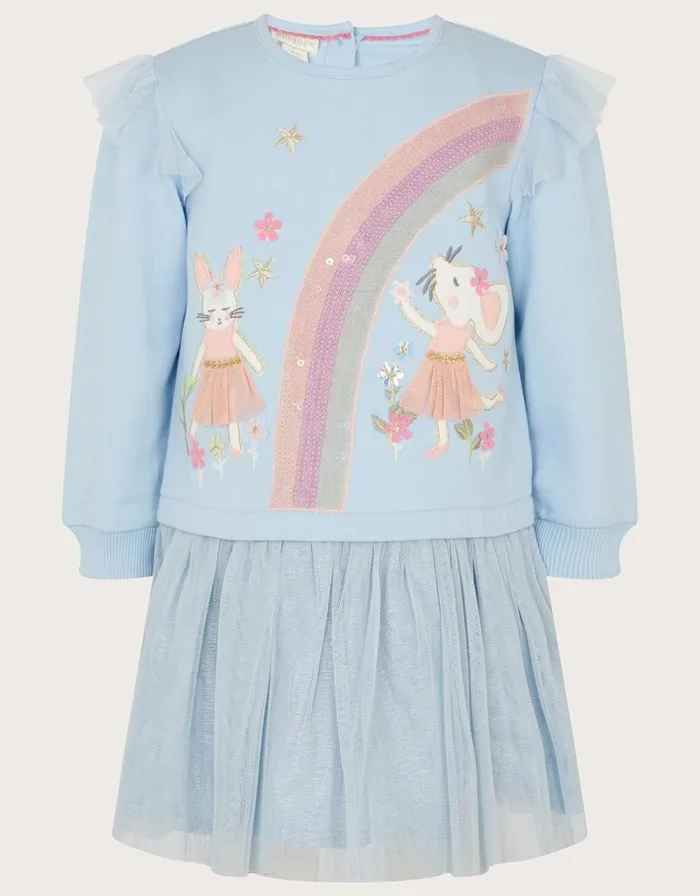 Monsoon Baby Mice Rainbow Sweater Dress Blue Children Dresses