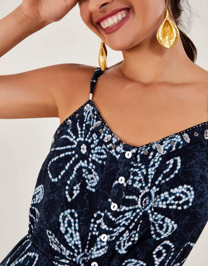 Monsoon Batik Dye Flower Jumpsuit Blue Women Beachwear and Swimwear Monsoon Batik Dye Flower Jumpsuit Blue Women Beachwear and Swimwear