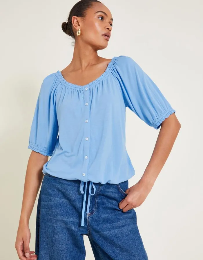 Monsoon Bora Button Jersey Top Blue Women Tops and Blouses