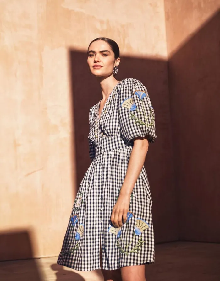 Monsoon Bria Embroidered Gingham Mini Dress Black Women Casualwear