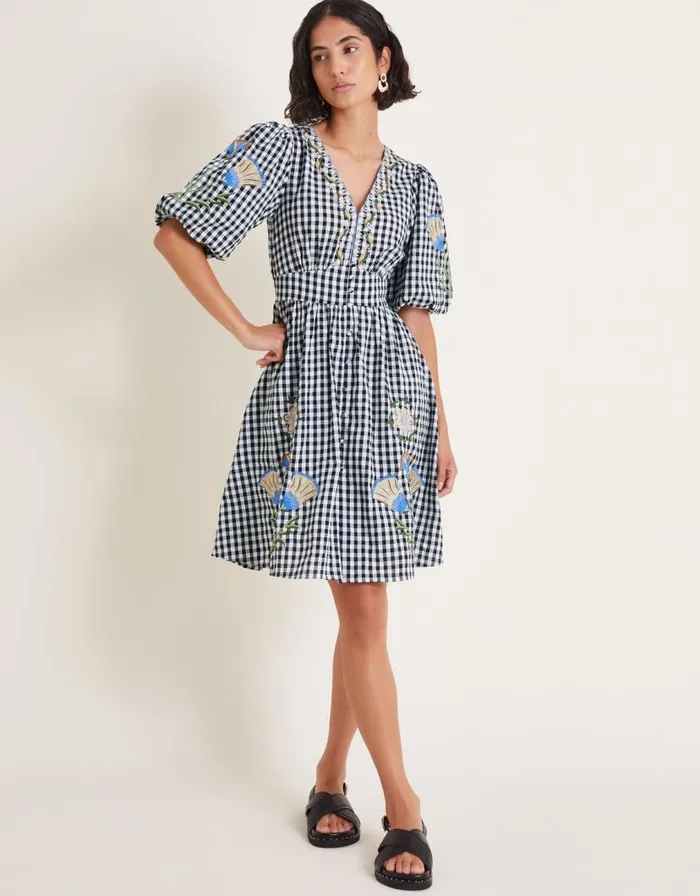 Monsoon Bria Embroidered Gingham Mini Dress Black Women Casualwear Monsoon Bria Embroidered Gingham Mini Dress Black Women Casualwear