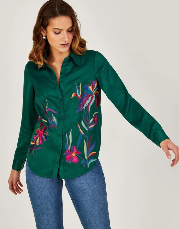 Monsoon Constance Embroidered Satin Shirt In Recycled Polyester Green Women Tops and Blouses