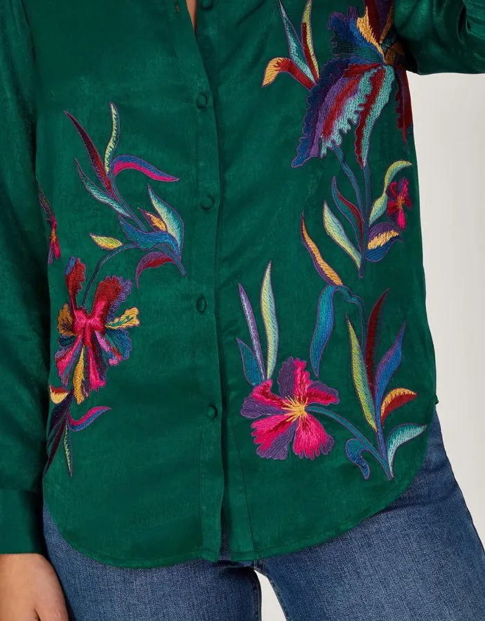 Monsoon Constance Embroidered Satin Shirt In Recycled Polyester Green Women Tops and Blouses Monsoon Constance Embroidered Satin Shirt In Recycled Polyester Green Women Tops and Blouses