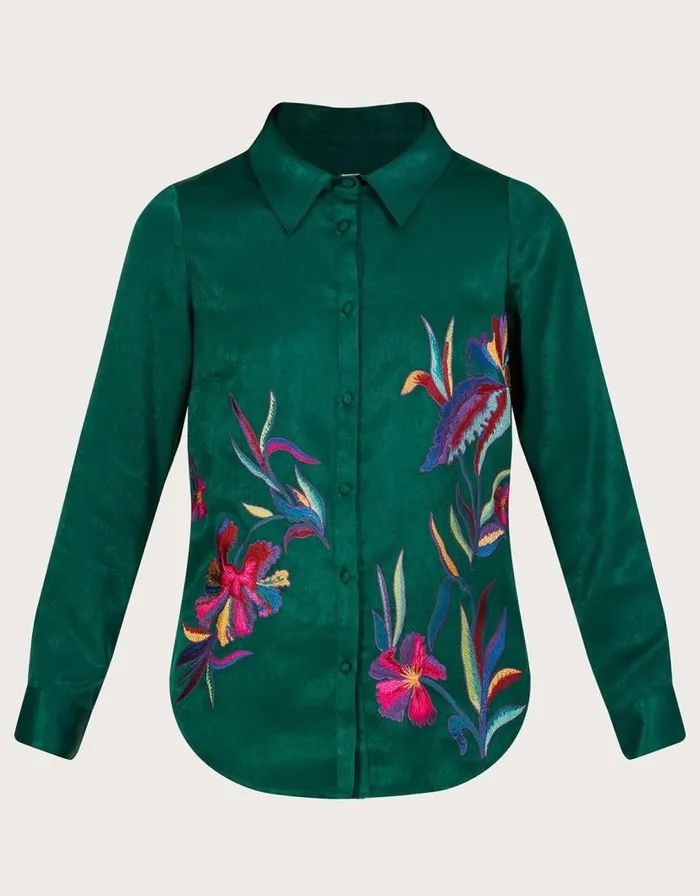 Monsoon Constance Embroidered Satin Shirt In Recycled Polyester Green Women Tops and Blouses Monsoon Constance Embroidered Satin Shirt In Recycled Polyester Green Women Tops and Blouses