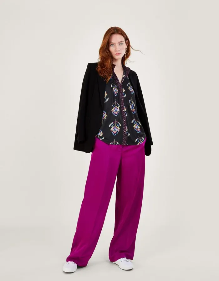 Monsoon Contrast Floral Print Jersey Shirt With Recycled Polyester Black Women Tops and Blouses