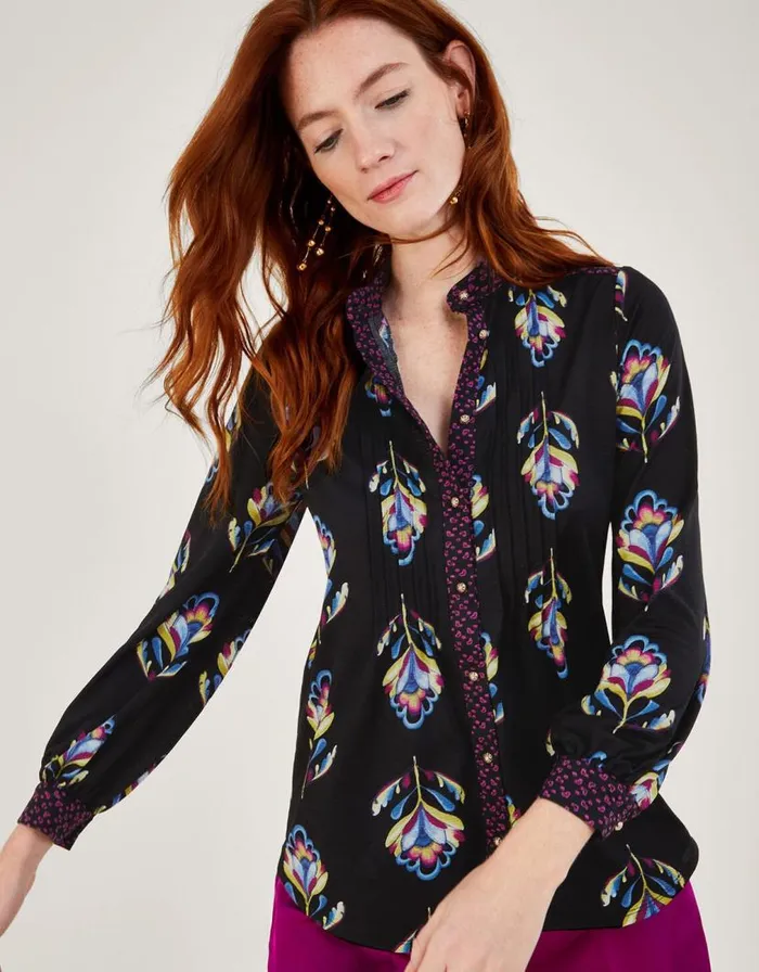Monsoon Contrast Floral Print Jersey Shirt With Recycled Polyester Black Women Tops and Blouses Monsoon Contrast Floral Print Jersey Shirt With Recycled Polyester Black Women Tops and Blouses
