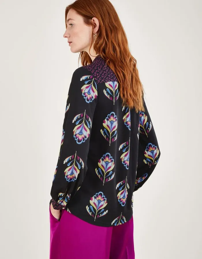 Monsoon Contrast Floral Print Jersey Shirt With Recycled Polyester Black Women Tops and Blouses Monsoon Contrast Floral Print Jersey Shirt With Recycled Polyester Black Women Tops and Blouses