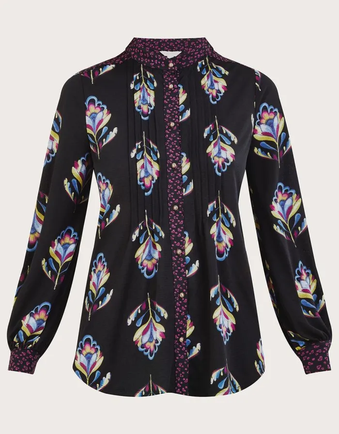Monsoon Contrast Floral Print Jersey Shirt With Recycled Polyester Black Women Tops and Blouses Monsoon Contrast Floral Print Jersey Shirt With Recycled Polyester Black Women Tops and Blouses