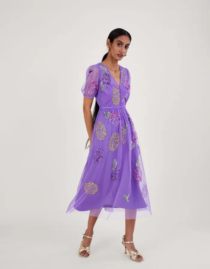 Monsoon Diana Embellished Tea Dress Purple Women Occasionwear