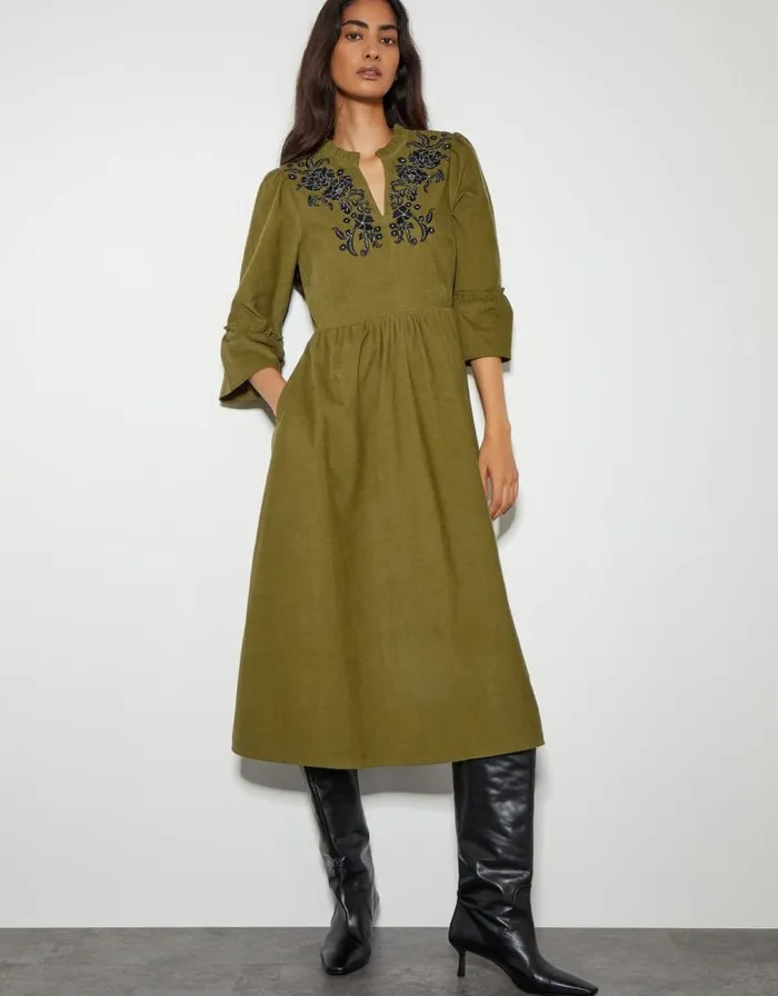 Monsoon Edith Corduroy Ruffle Dress Green Women Casualwear