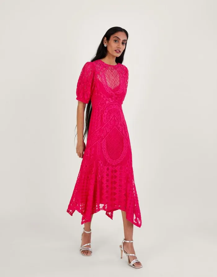 Monsoon Embeth Lace Hanky Hem Dress Pink Women Occasionwear