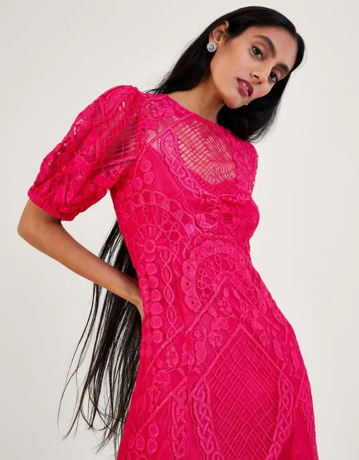 Monsoon Embeth Lace Hanky Hem Dress Pink Women Occasionwear Monsoon Embeth Lace Hanky Hem Dress Pink Women Occasionwear