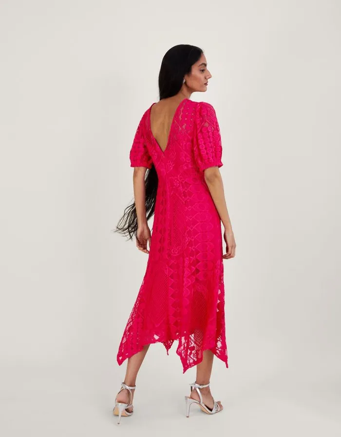 Monsoon Embeth Lace Hanky Hem Dress Pink Women Occasionwear Monsoon Embeth Lace Hanky Hem Dress Pink Women Occasionwear