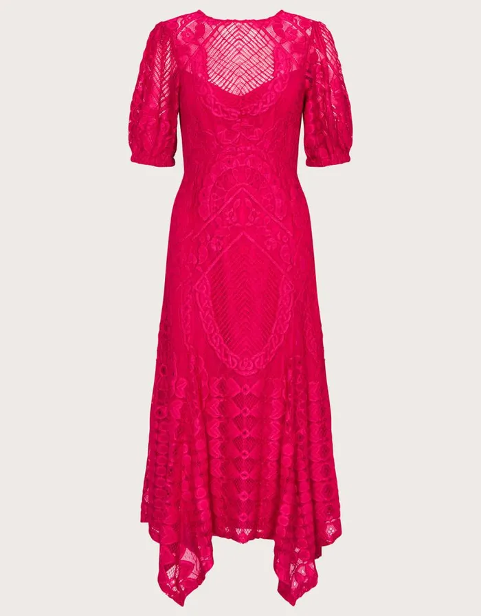 Monsoon Embeth Lace Hanky Hem Dress Pink Women Occasionwear Monsoon Embeth Lace Hanky Hem Dress Pink Women Occasionwear