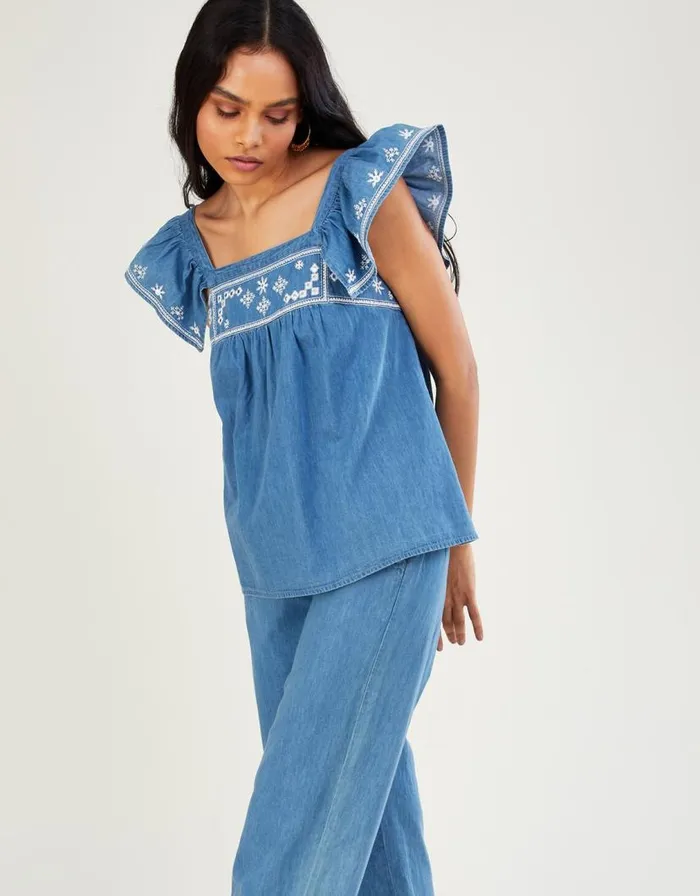 Monsoon Embroidered Denim Top In Sustainable Cotton Blue Women Tops and Blouses