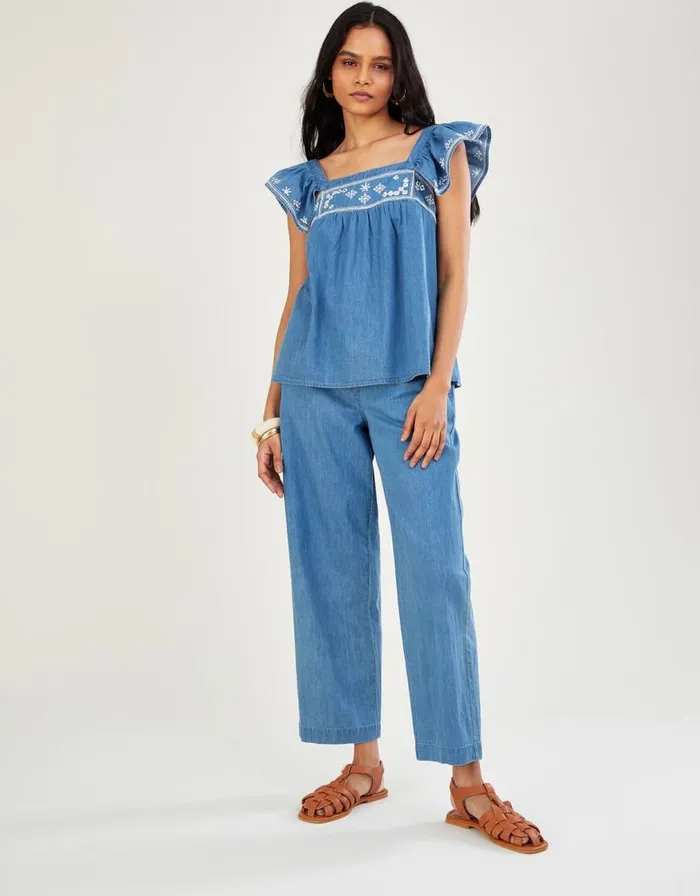 Monsoon Embroidered Denim Top In Sustainable Cotton Blue Women Tops and Blouses Monsoon Embroidered Denim Top In Sustainable Cotton Blue Women Tops and Blouses