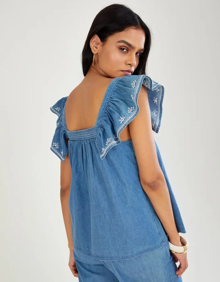 Monsoon Embroidered Denim Top In Sustainable Cotton Blue Women Tops and Blouses Monsoon Embroidered Denim Top In Sustainable Cotton Blue Women Tops and Blouses