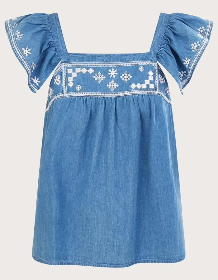 Monsoon Embroidered Denim Top In Sustainable Cotton Blue Women Tops and Blouses Monsoon Embroidered Denim Top In Sustainable Cotton Blue Women Tops and Blouses