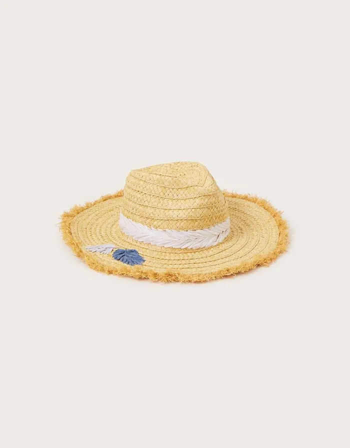 Monsoon Embroidered Fringe Trim Raffia Hat Women Hats