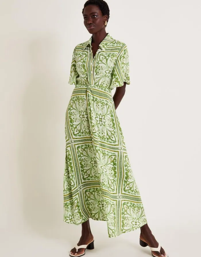Monsoon Emilia Print Midi Shirt Dress Green Women Midi Dresses