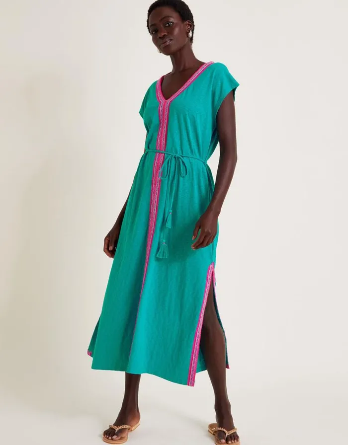 Monsoon Estela Embroidered Jersey Kaftan Dress Teal Women Beachwear and Swimwear