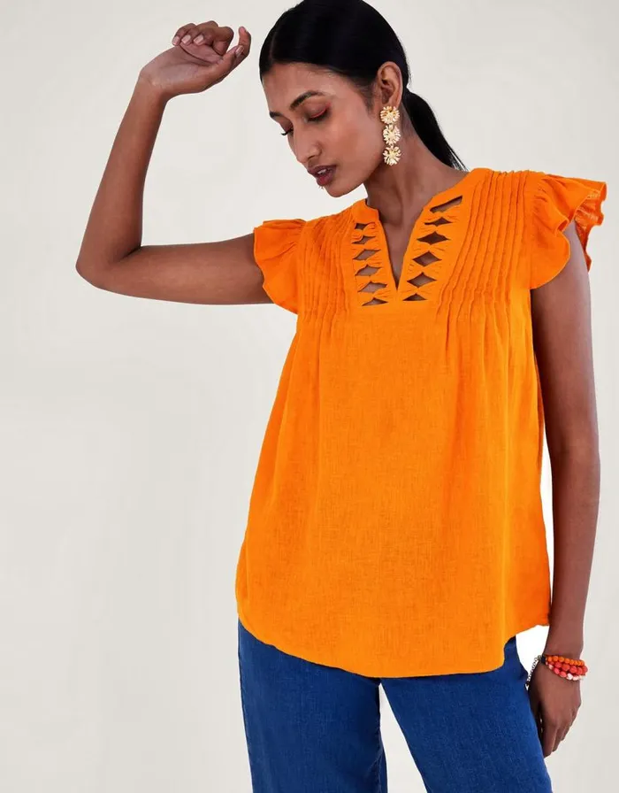 Monsoon Flutter Sleeve Neck Detail Top In Linen Blend Orange Women Tops and Blouses