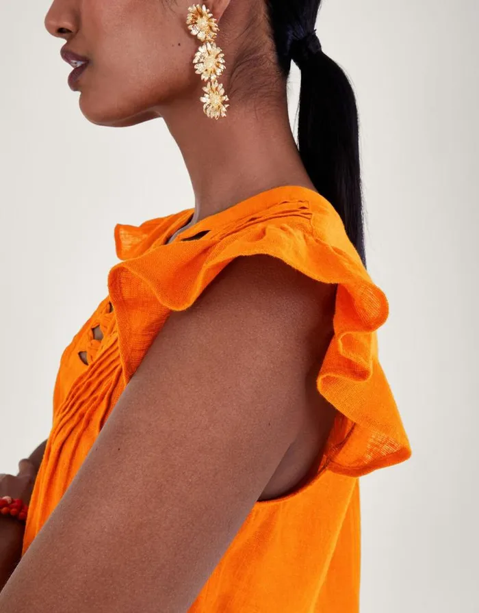 Monsoon Flutter Sleeve Neck Detail Top In Linen Blend Orange Women Tops and Blouses Monsoon Flutter Sleeve Neck Detail Top In Linen Blend Orange Women Tops and Blouses