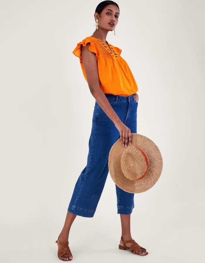 Monsoon Flutter Sleeve Neck Detail Top In Linen Blend Orange Women Tops and Blouses Monsoon Flutter Sleeve Neck Detail Top In Linen Blend Orange Women Tops and Blouses