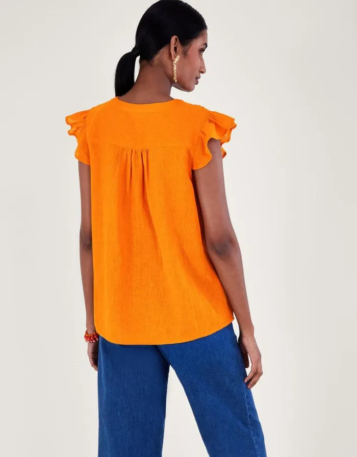 Monsoon Flutter Sleeve Neck Detail Top In Linen Blend Orange Women Tops and Blouses Monsoon Flutter Sleeve Neck Detail Top In Linen Blend Orange Women Tops and Blouses