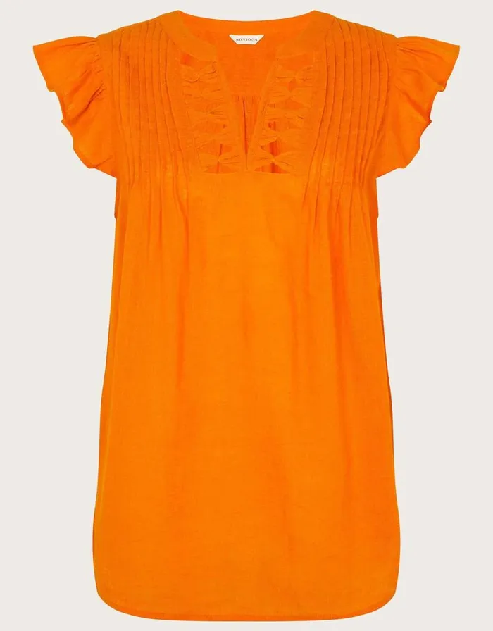 Monsoon Flutter Sleeve Neck Detail Top In Linen Blend Orange Women Tops and Blouses Monsoon Flutter Sleeve Neck Detail Top In Linen Blend Orange Women Tops and Blouses