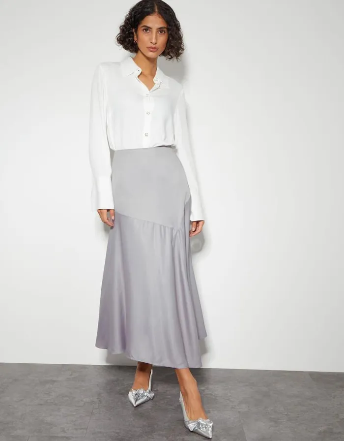 Monsoon Fran Flared Satin Skirt Silver Women Skirts