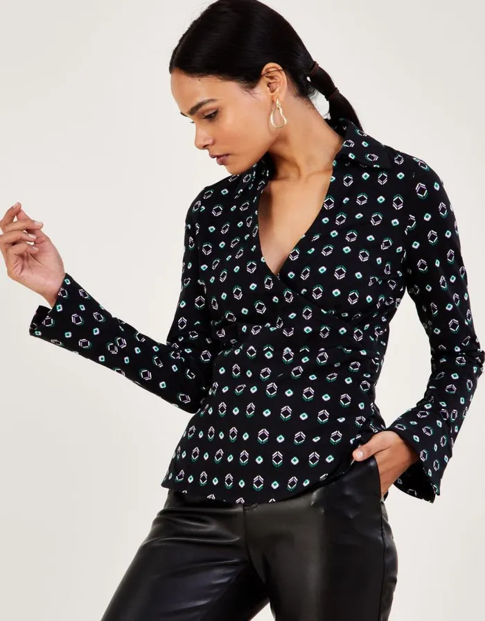 Monsoon Geometric Print Ruched Jersey Wrap Shirt With Sustainable Cotton Black Women Tops and Blouses