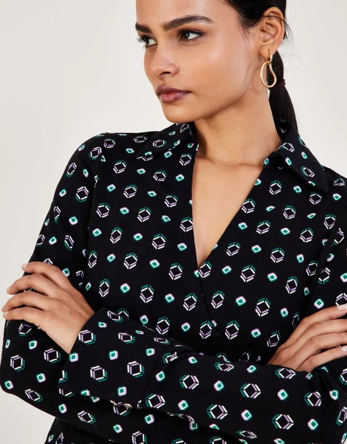 Monsoon Geometric Print Ruched Jersey Wrap Shirt With Sustainable Cotton Black Women Tops and Blouses Monsoon Geometric Print Ruched Jersey Wrap Shirt With Sustainable Cotton Black Women Tops and Blouses