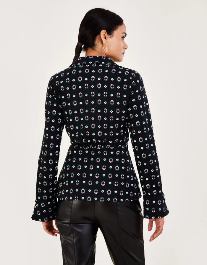 Monsoon Geometric Print Ruched Jersey Wrap Shirt With Sustainable Cotton Black Women Tops and Blouses Monsoon Geometric Print Ruched Jersey Wrap Shirt With Sustainable Cotton Black Women Tops and Blouses