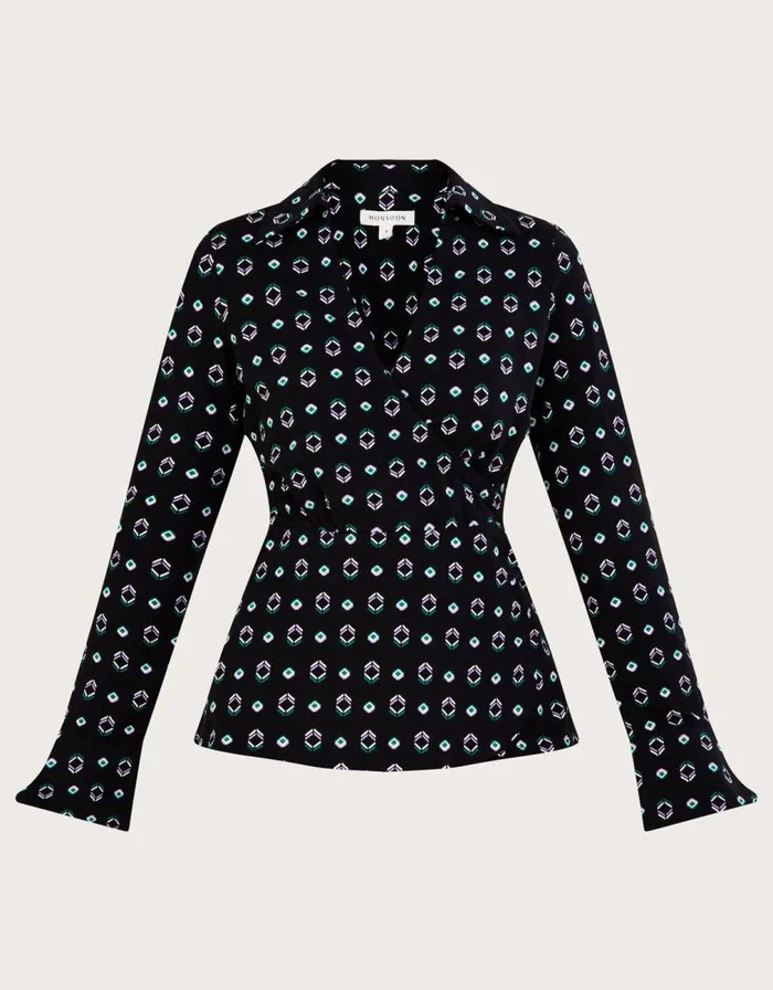Monsoon Geometric Print Ruched Jersey Wrap Shirt With Sustainable Cotton Black Women Tops and Blouses Monsoon Geometric Print Ruched Jersey Wrap Shirt With Sustainable Cotton Black Women Tops and Blouses