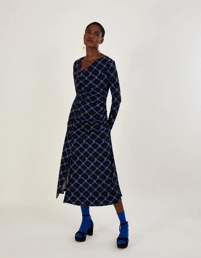 Monsoon Geometric Ruched Side Jersey Dress Black Women Midi Dresses