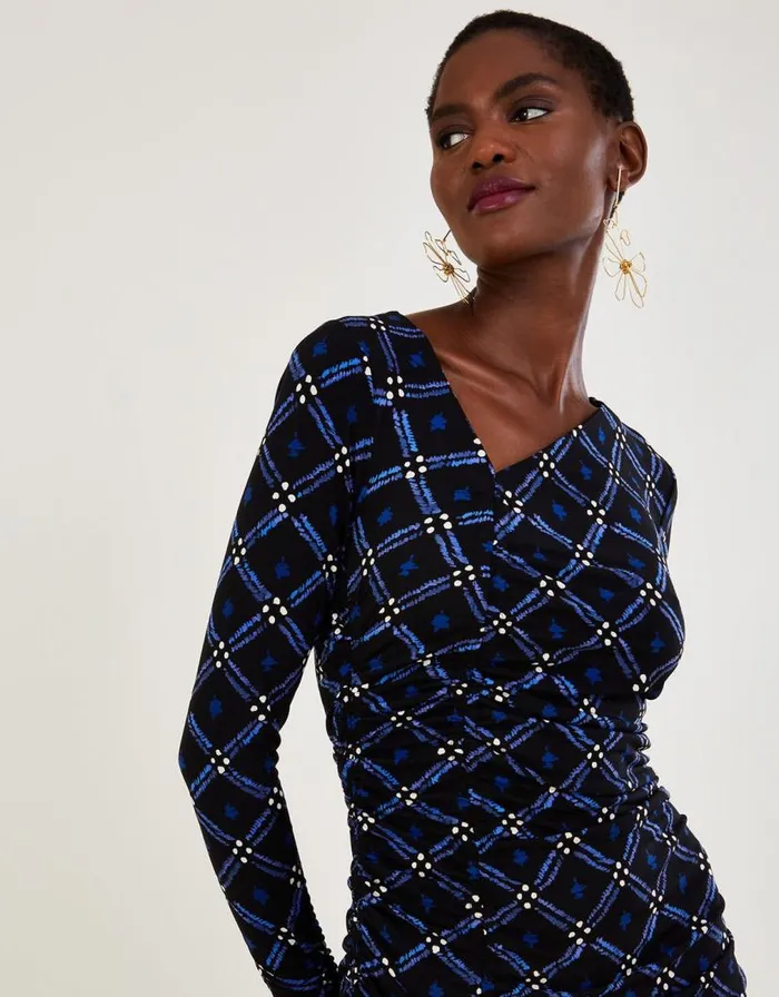 Monsoon Geometric Ruched Side Jersey Dress Black Women Midi Dresses Monsoon Geometric Ruched Side Jersey Dress Black Women Midi Dresses