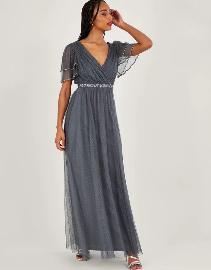 Monsoon Isla Spot Mesh Maxi Dress Blue Women Occasionwear