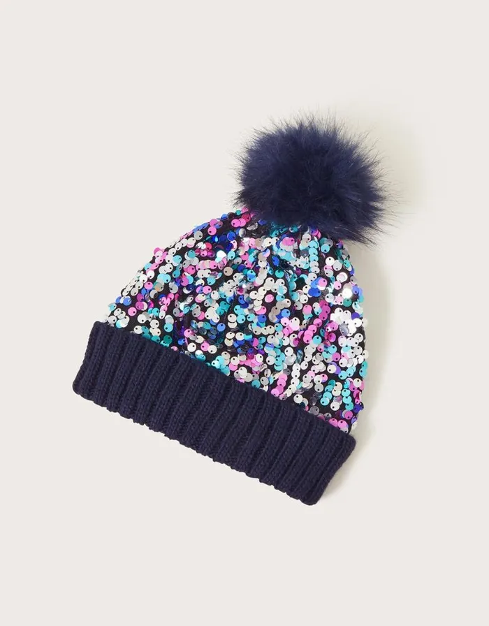 Monsoon Izzy Sequin Beanie Hat Blue Children Hats and Sunglasses