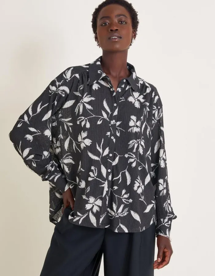 Monsoon Kiah Printed Jersey Shirt Black Women Tops and Blouses