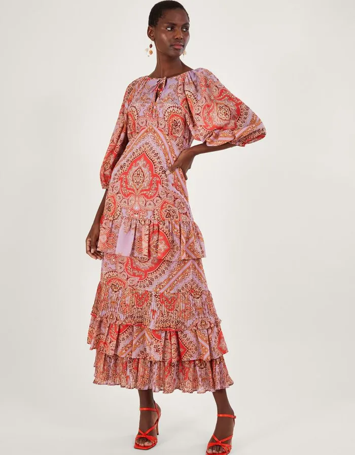 Monsoon Laetita Printed Tiered Maxi Dress With Recycled Polyester Purple Women Occasionwear Monsoon Laetita Printed Tiered Maxi Dress With Recycled Polyester Purple Women Occasionwear