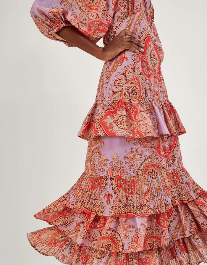 Monsoon Laetita Printed Tiered Maxi Dress With Recycled Polyester Purple Women Occasionwear Monsoon Laetita Printed Tiered Maxi Dress With Recycled Polyester Purple Women Occasionwear