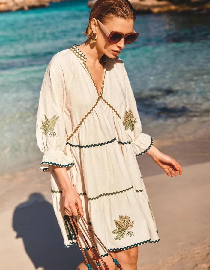 Monsoon Lila Leaf Embroidered Dress Ivory Women Casualwear